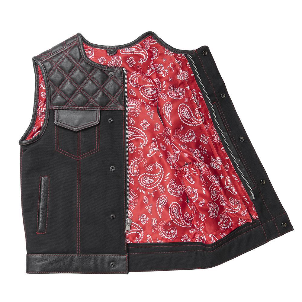 49/51 Wolf Pack men's motorcycle vest featuring leather and canvas with red stitching and paisley lining.