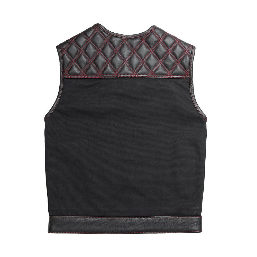 49/51 Wolf Pack men's motorcycle vest featuring leather and canvas with red stitching and paisley lining.