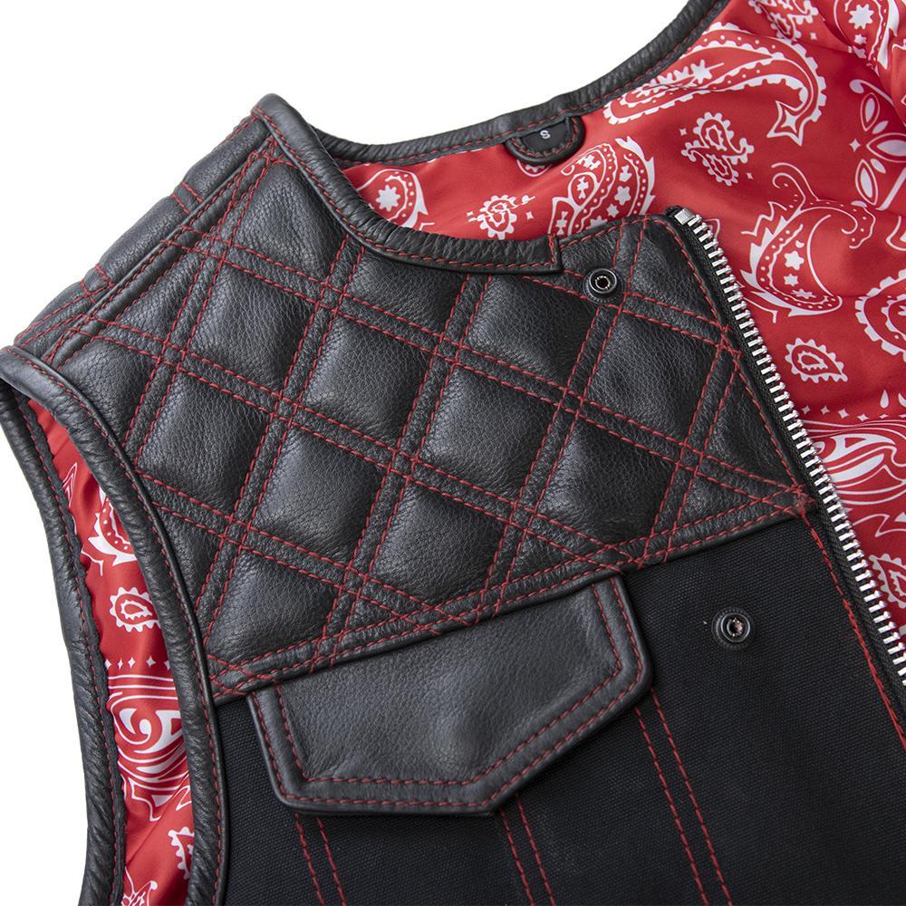 49/51 Wolf Pack men's motorcycle vest featuring leather and canvas with red stitching and paisley lining.