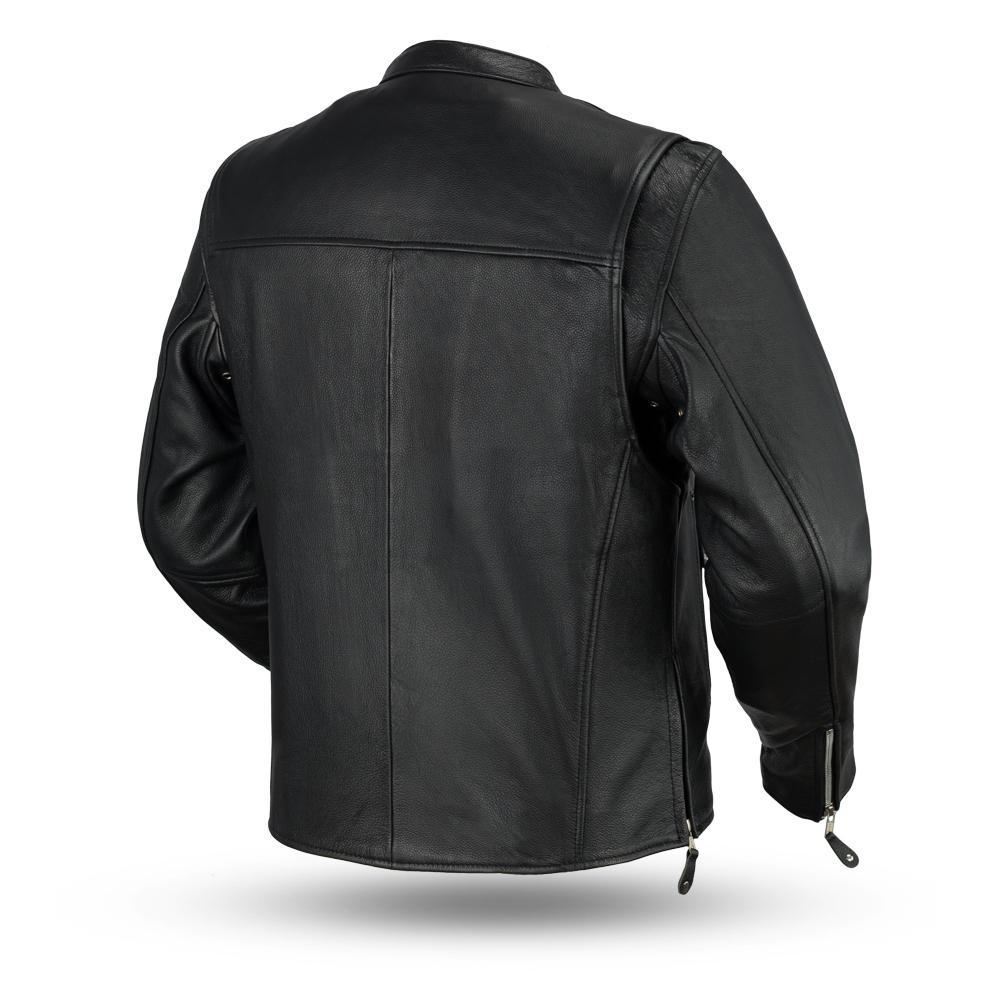 Ace Clean Cafe Style Men's Leather Jacket made from premium cowhide leather, featuring a banded collar and zippered pockets.