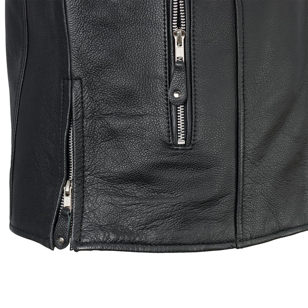 Ace Clean Cafe Style Men's Leather Jacket made from premium cowhide leather, featuring a banded collar and zippered pockets.