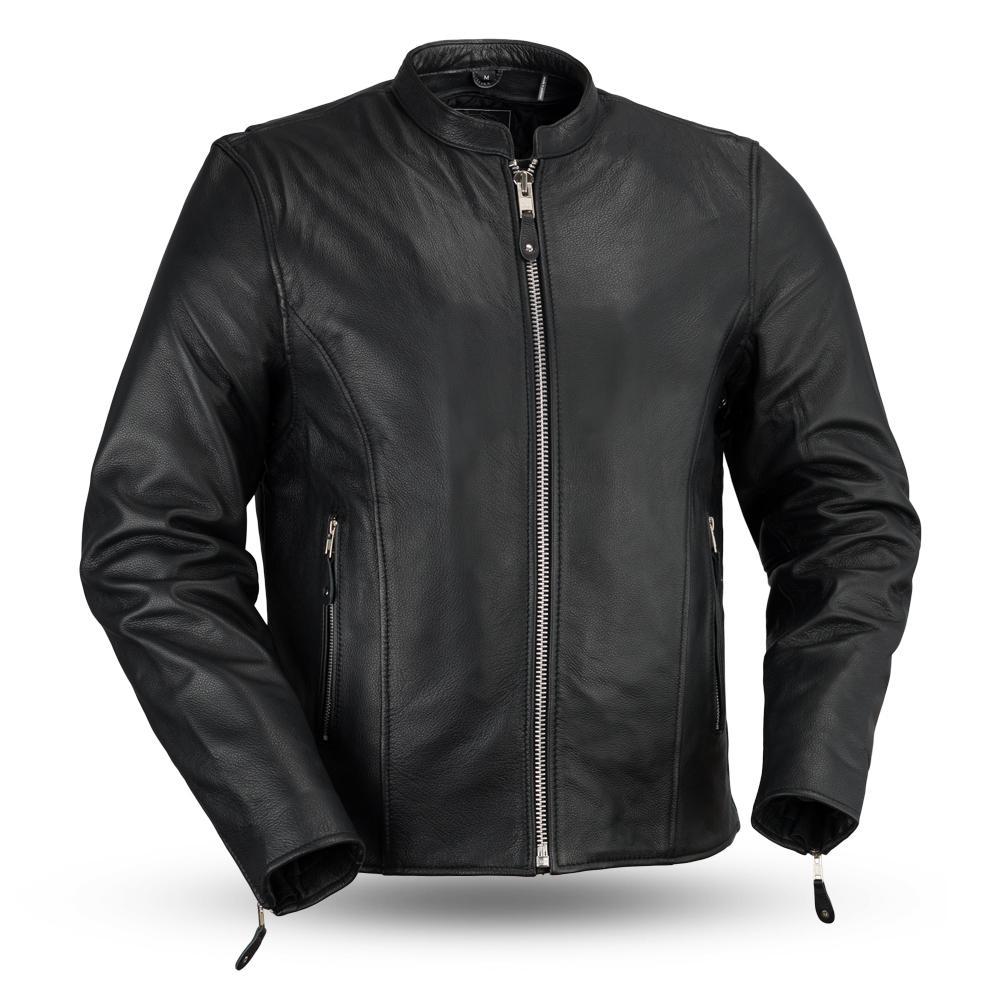 Ace Clean Cafe Style Men's Leather Jacket made from premium cowhide leather, featuring a banded collar and zippered pockets.