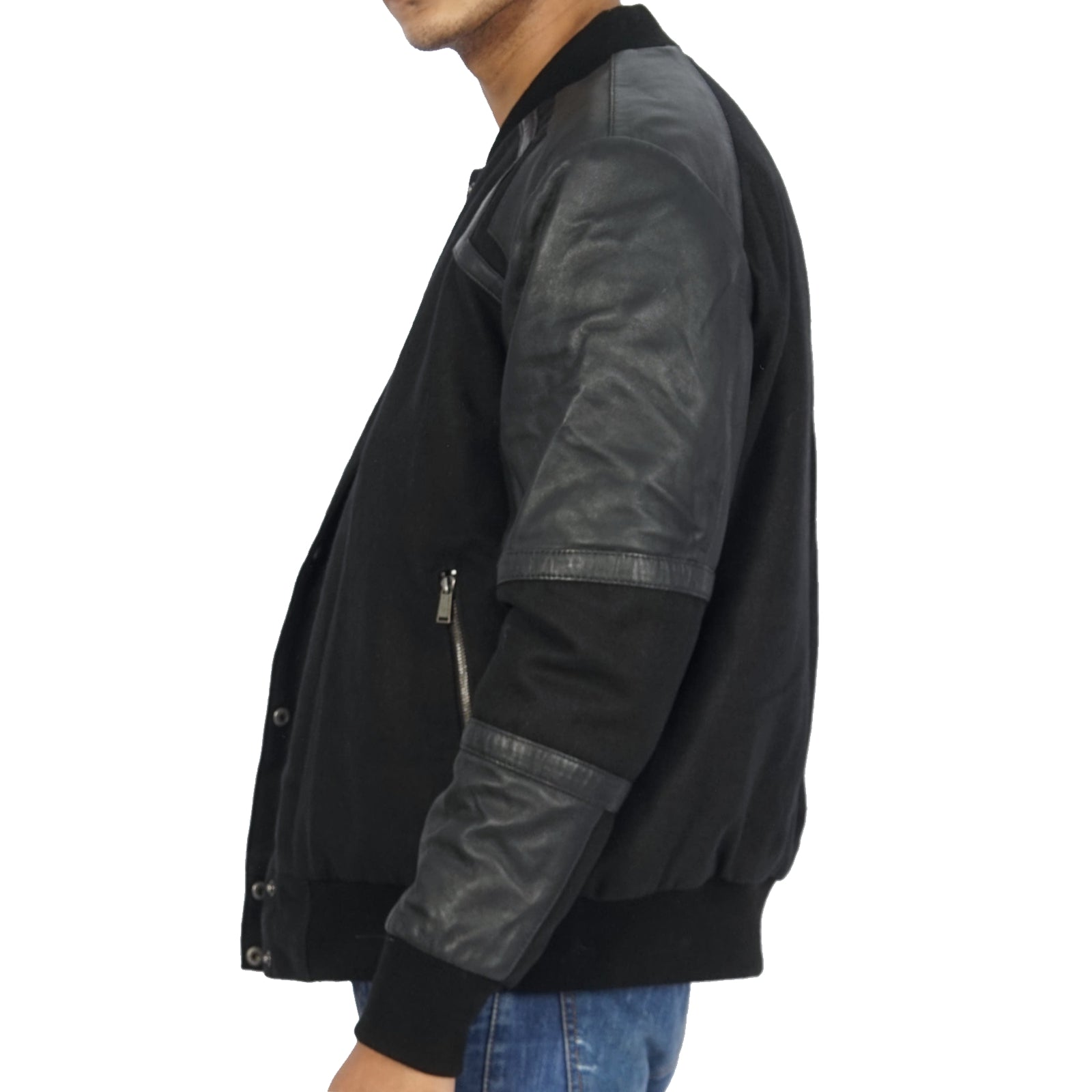 Alexander Varsity Jacket featuring hand-waxed leather panels and stud-fasten buttons, showcasing a stylish two-tone design.