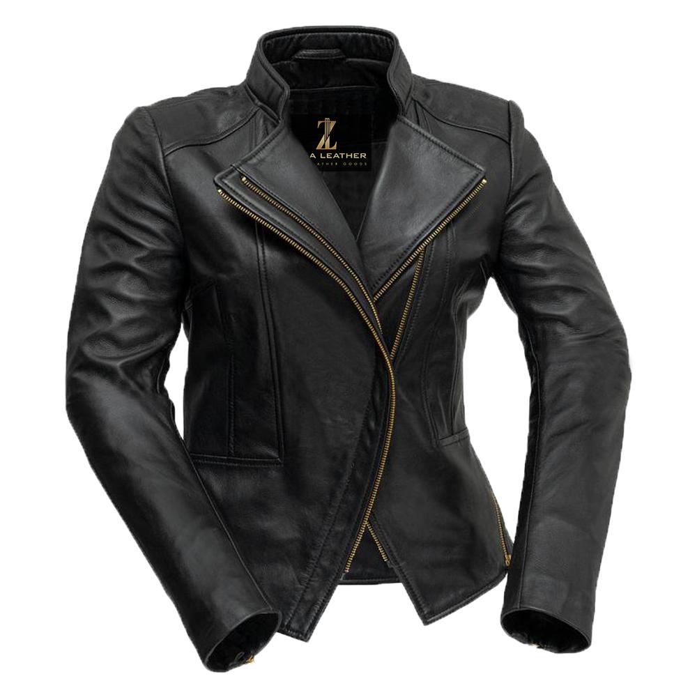 Alexie Ladies Leather Blazer made from 100% lambskin leather featuring a magnetic collar and gold hardware accents.