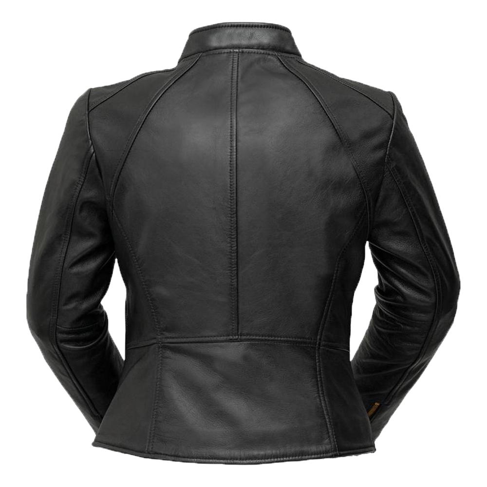 Alexie Ladies Leather Blazer made from 100% lambskin leather featuring a magnetic collar and gold hardware accents.