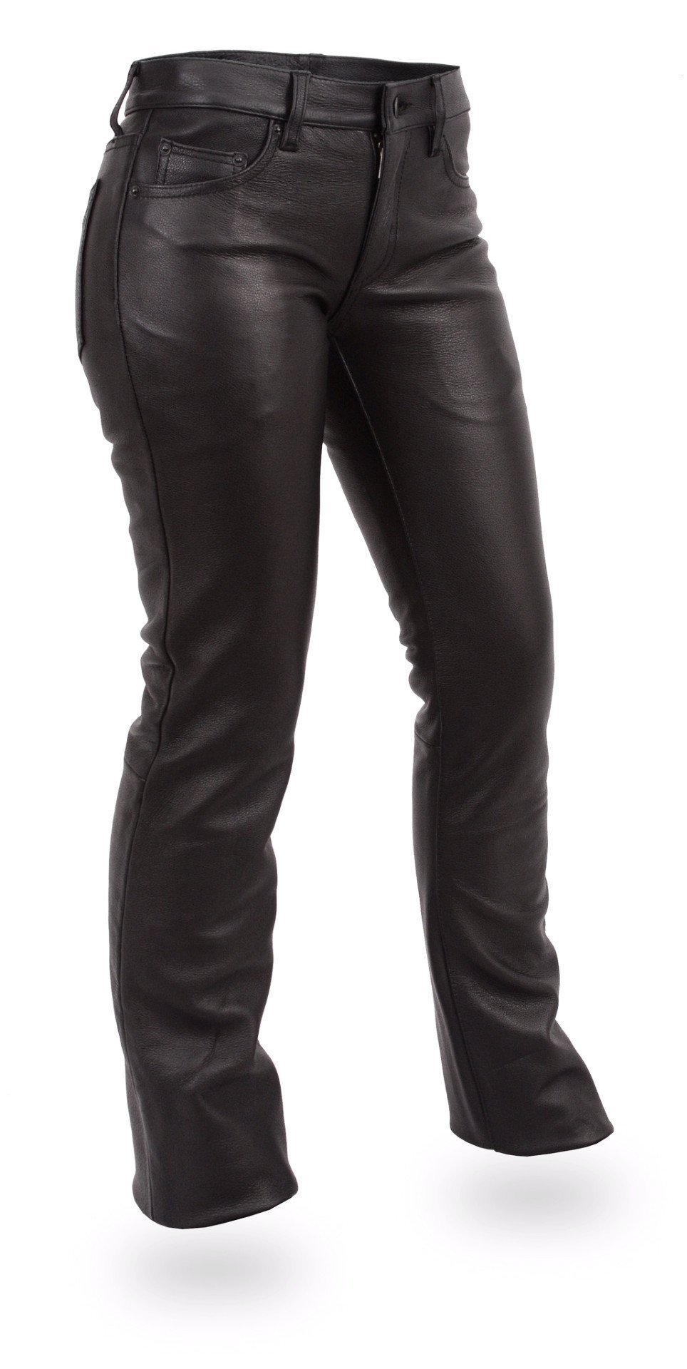 A pair of Alexis Leather Pants made from soft milled cowhide, featuring a low rise, 5 pocket design, and heavy-duty zips.