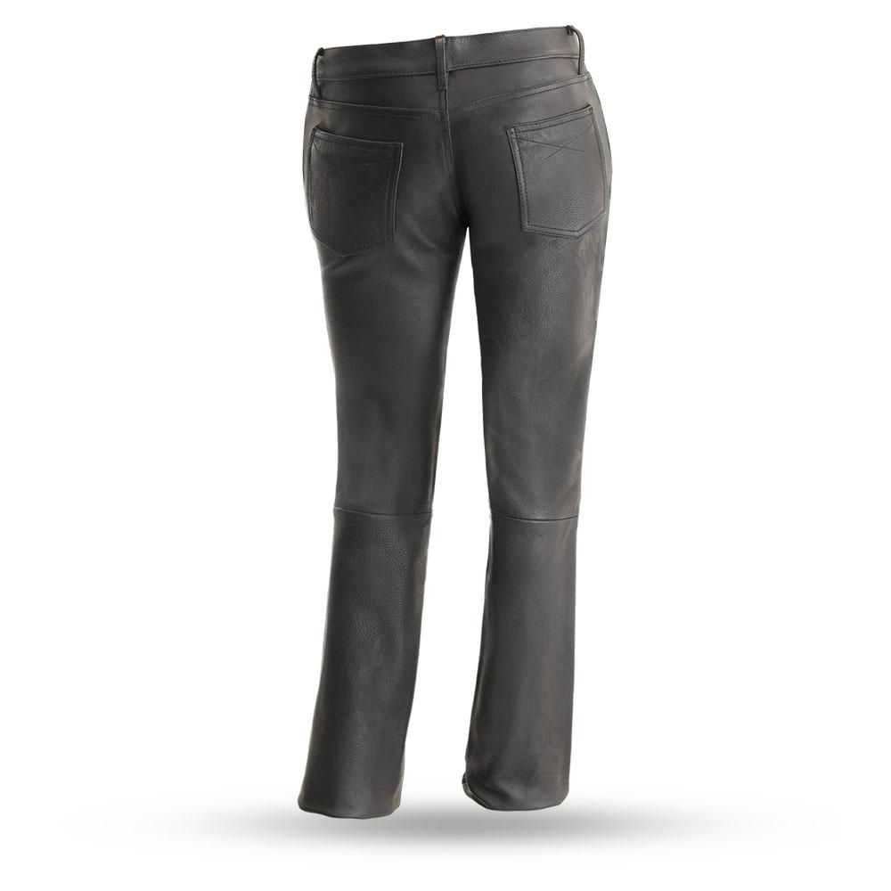 Alexis Women's Motorcycle Leather Pants made from high-quality cowhide leather, featuring a low-rise design and five-pocket styling.