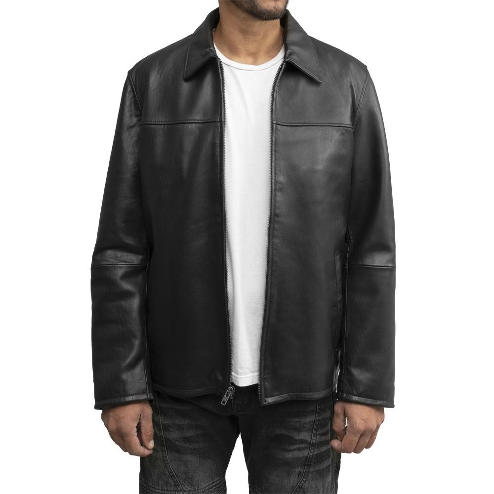 Anderson zipped blazer in naked cowhide leather with folded collar, showcasing its sleek design and classic fit.