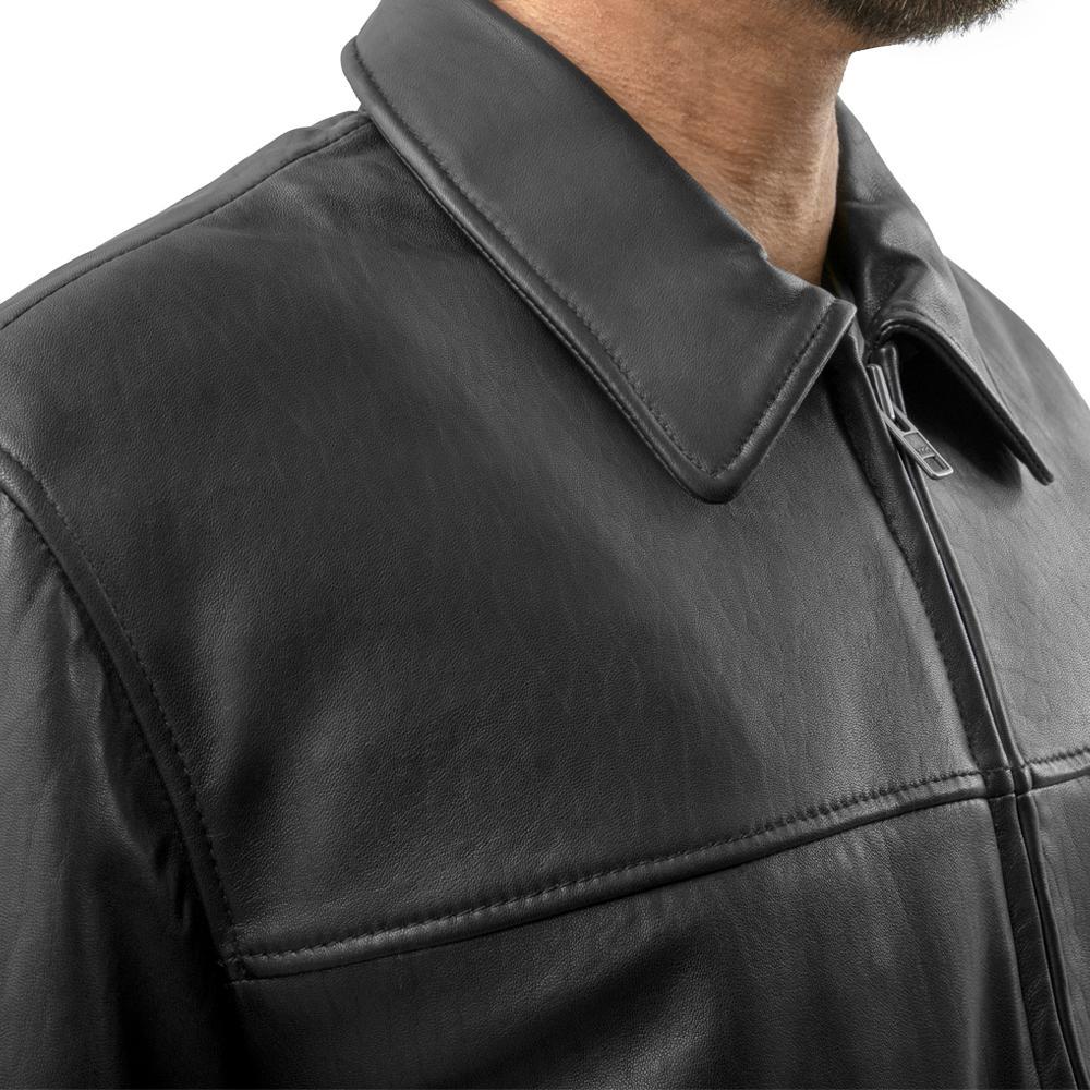 Anderson zipped blazer in naked cowhide leather with folded collar, showcasing its sleek design and classic fit.