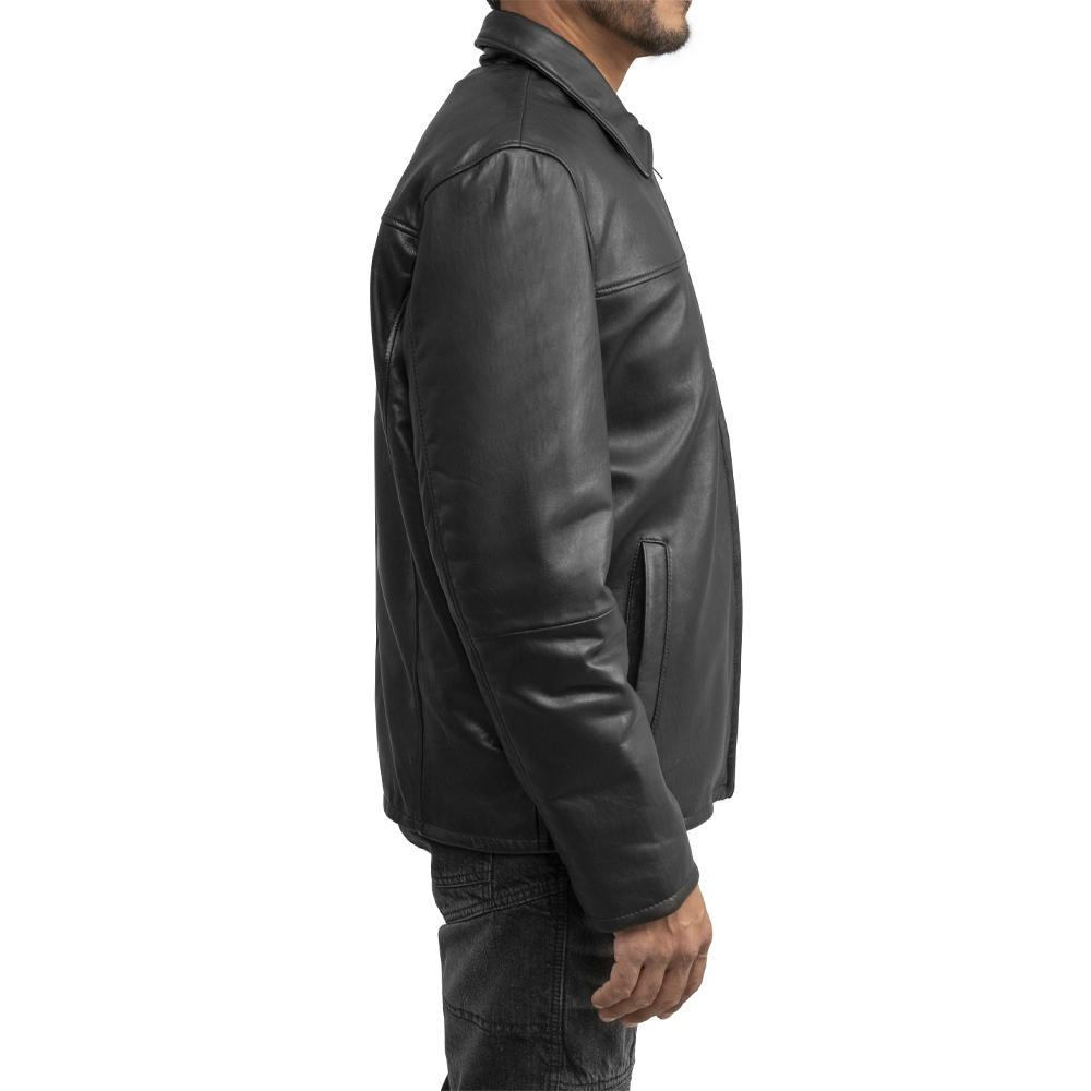 Anderson zipped blazer in naked cowhide leather with folded collar, showcasing its sleek design and classic fit.