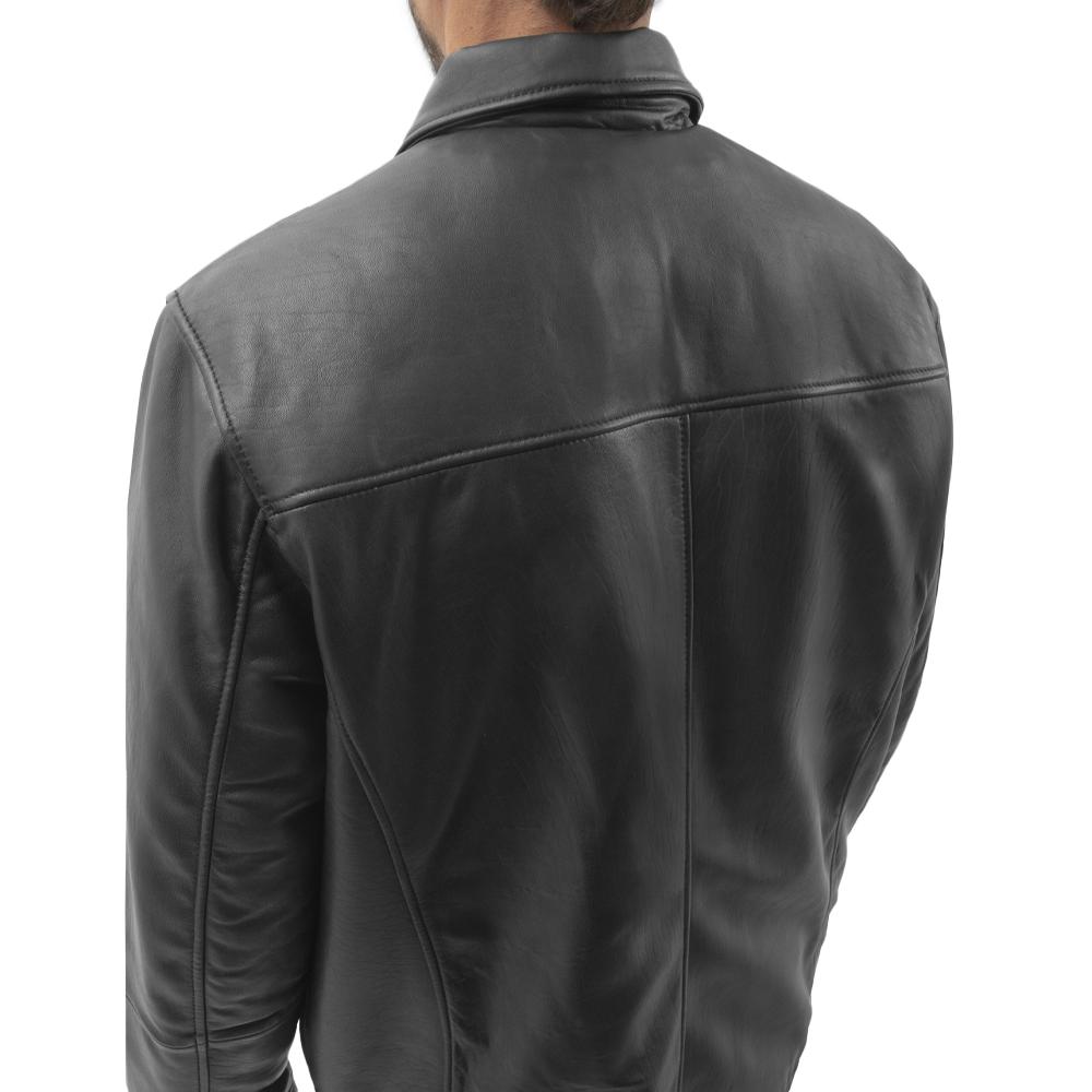 Anderson zipped blazer in naked cowhide leather with folded collar, showcasing its sleek design and classic fit.