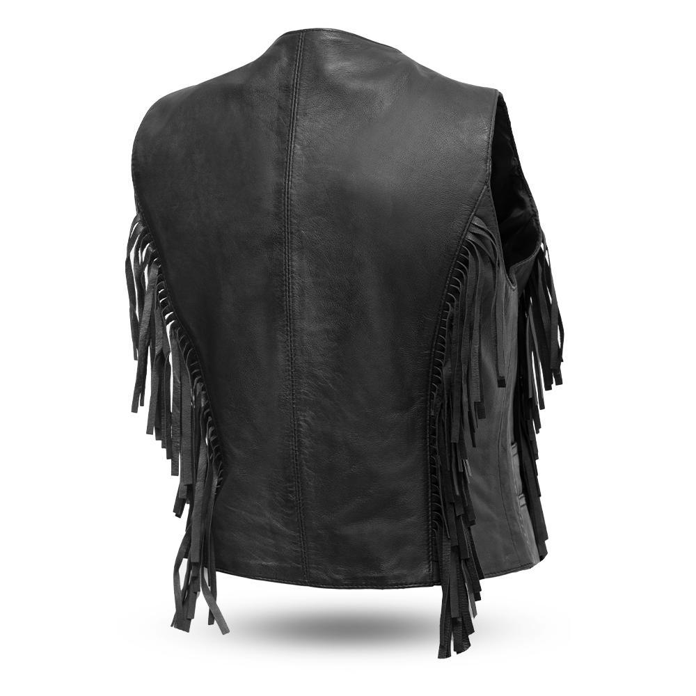 Apache Women's Fringe Leather Vest made of soft lambskin, featuring fringe detailing and a classic black design with snap front.