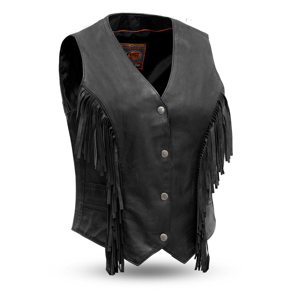 Apache Women's Fringe Leather Vest made of soft lambskin, featuring fringe detailing and a classic black design with snap front.