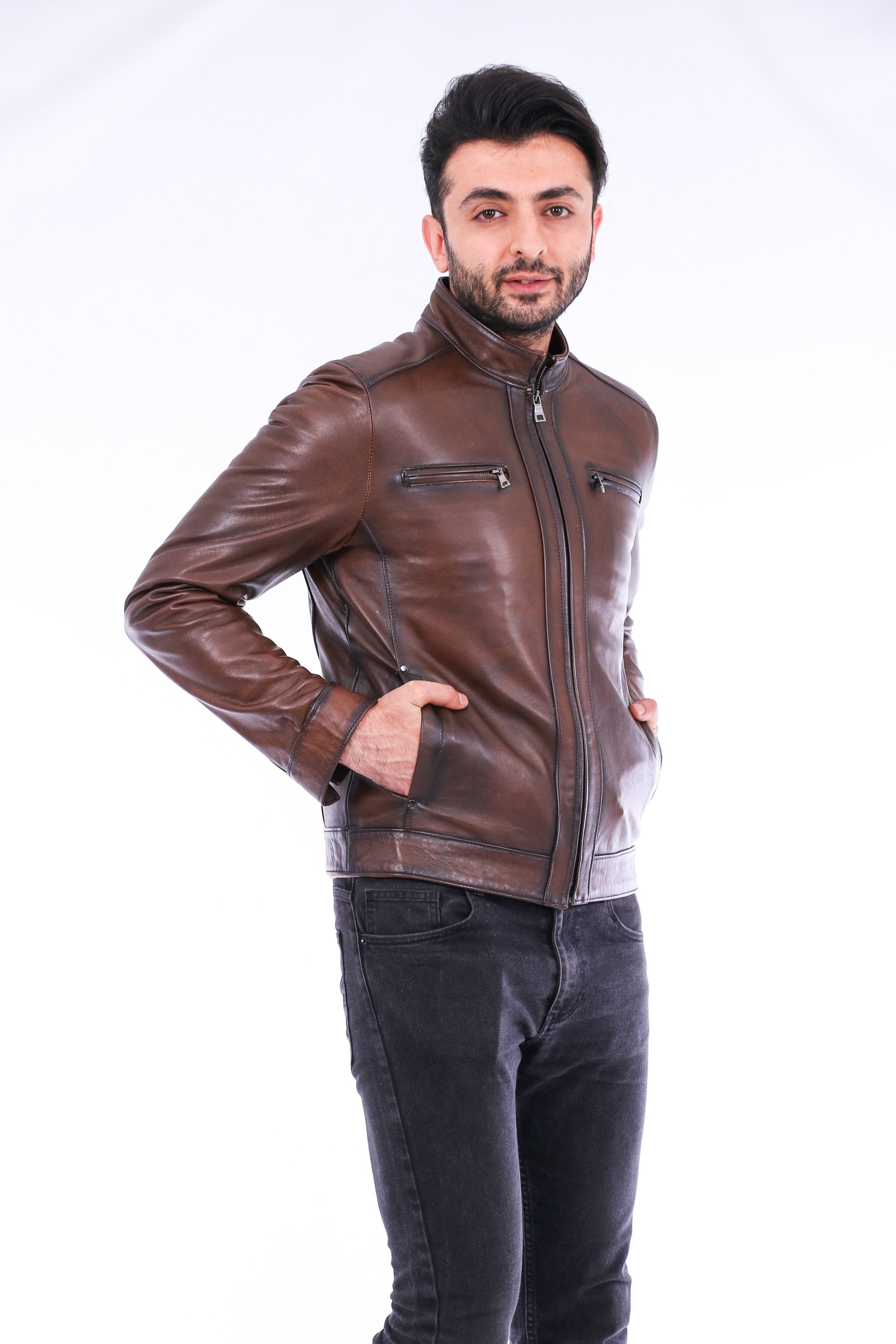 Armati Biker Leather Jacket in brown, featuring a quilted design and polished silver-tone hardware.