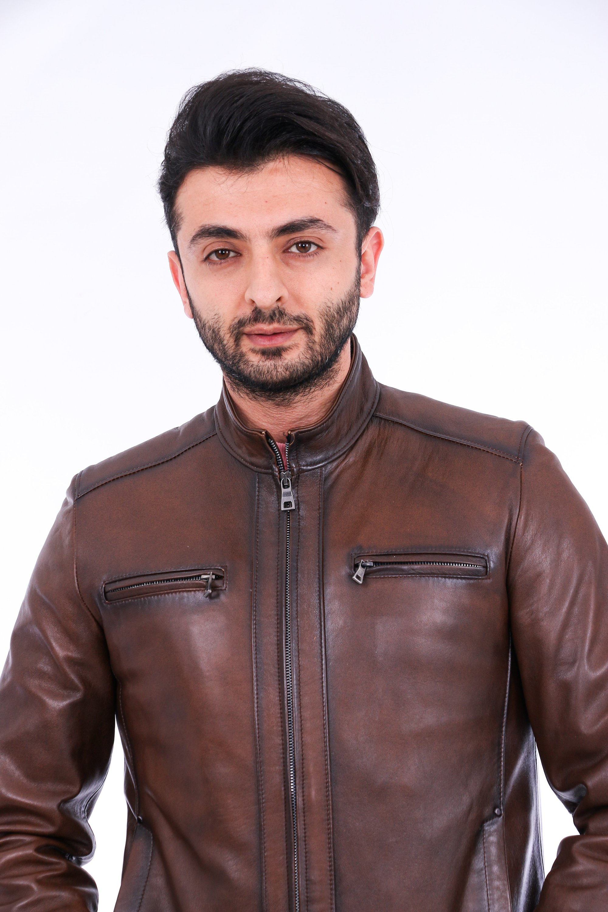 Armati Biker Leather Jacket in brown, featuring a quilted design and polished silver-tone hardware.