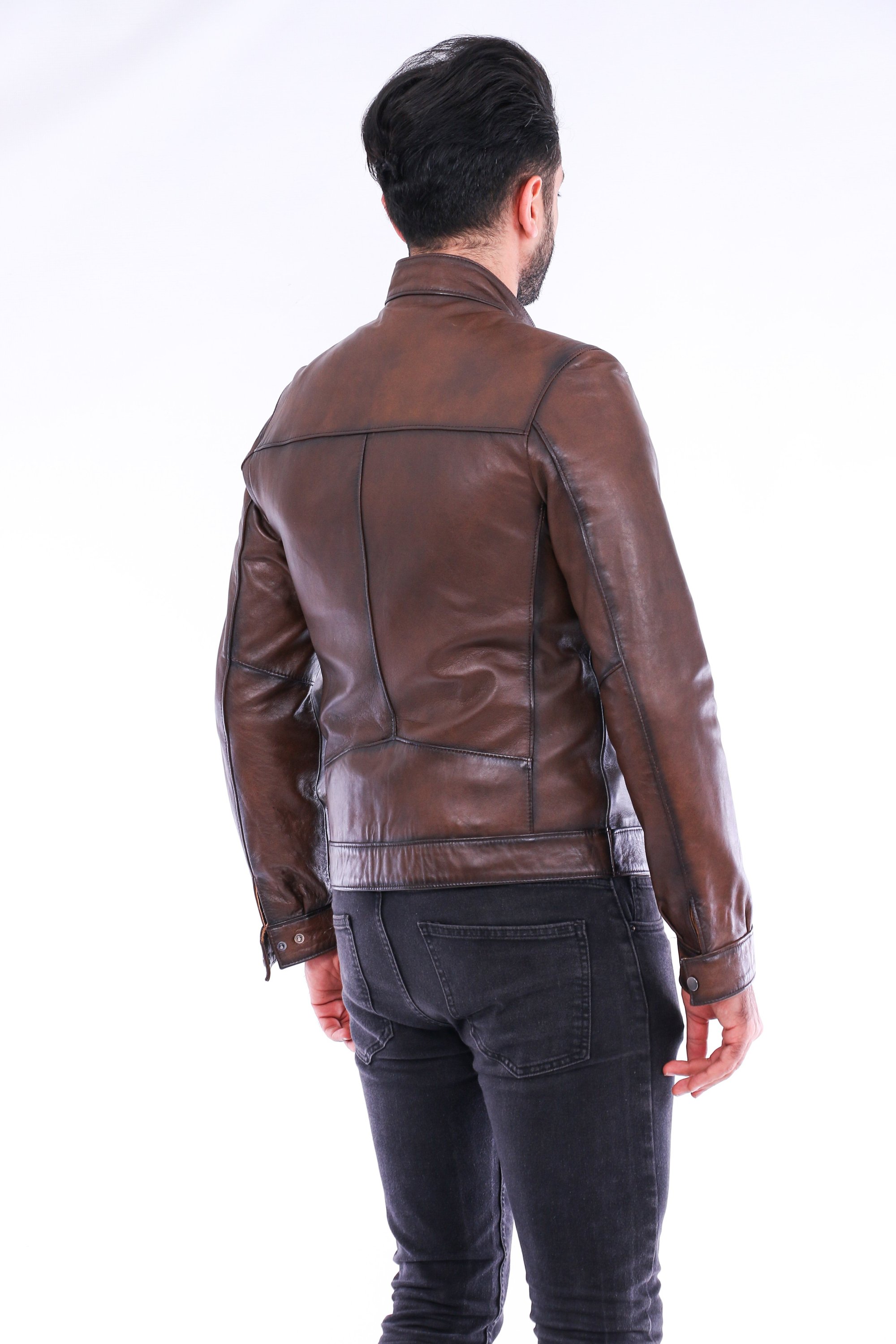 Armati Biker Leather Jacket in brown, featuring a quilted design and polished silver-tone hardware.