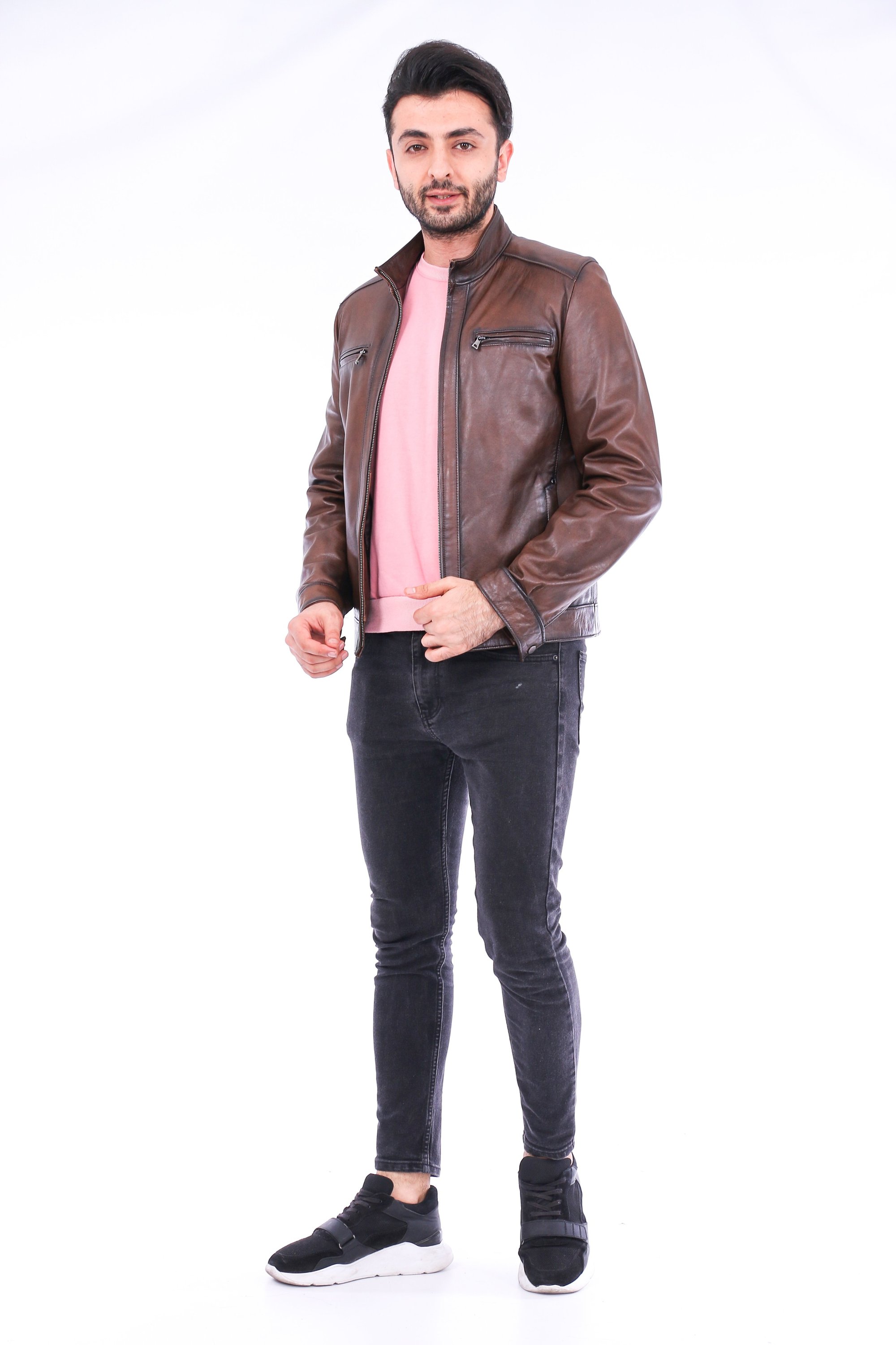 Armati Biker Leather Jacket in brown, featuring a quilted design and polished silver-tone hardware.