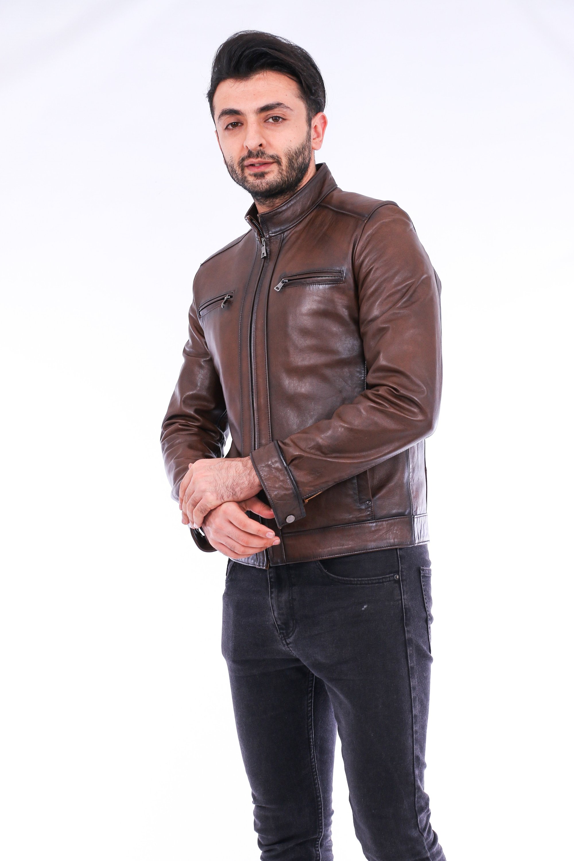 Armati Biker Leather Jacket in brown, featuring a quilted design and polished silver-tone hardware.