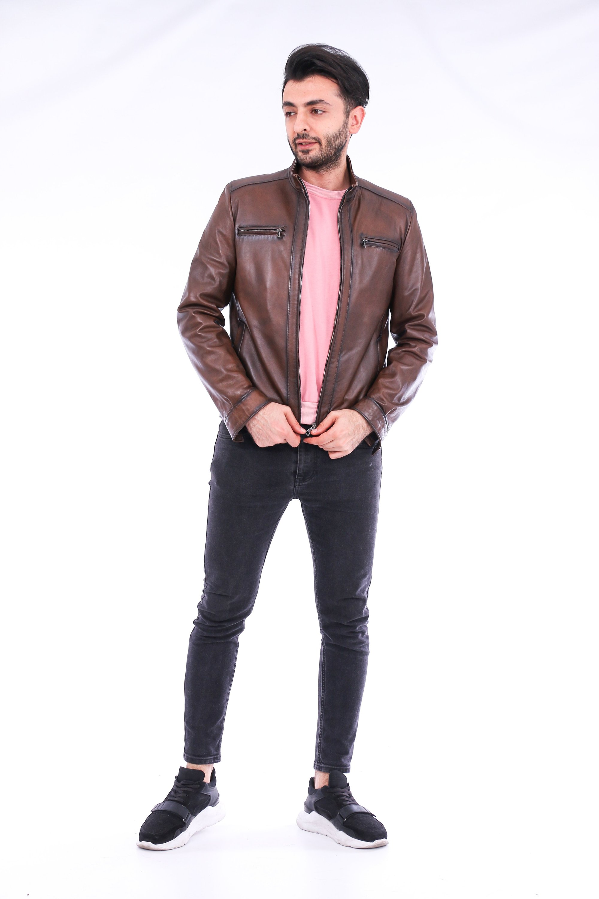 Armati Biker Leather Jacket in brown, featuring a quilted design and polished silver-tone hardware.