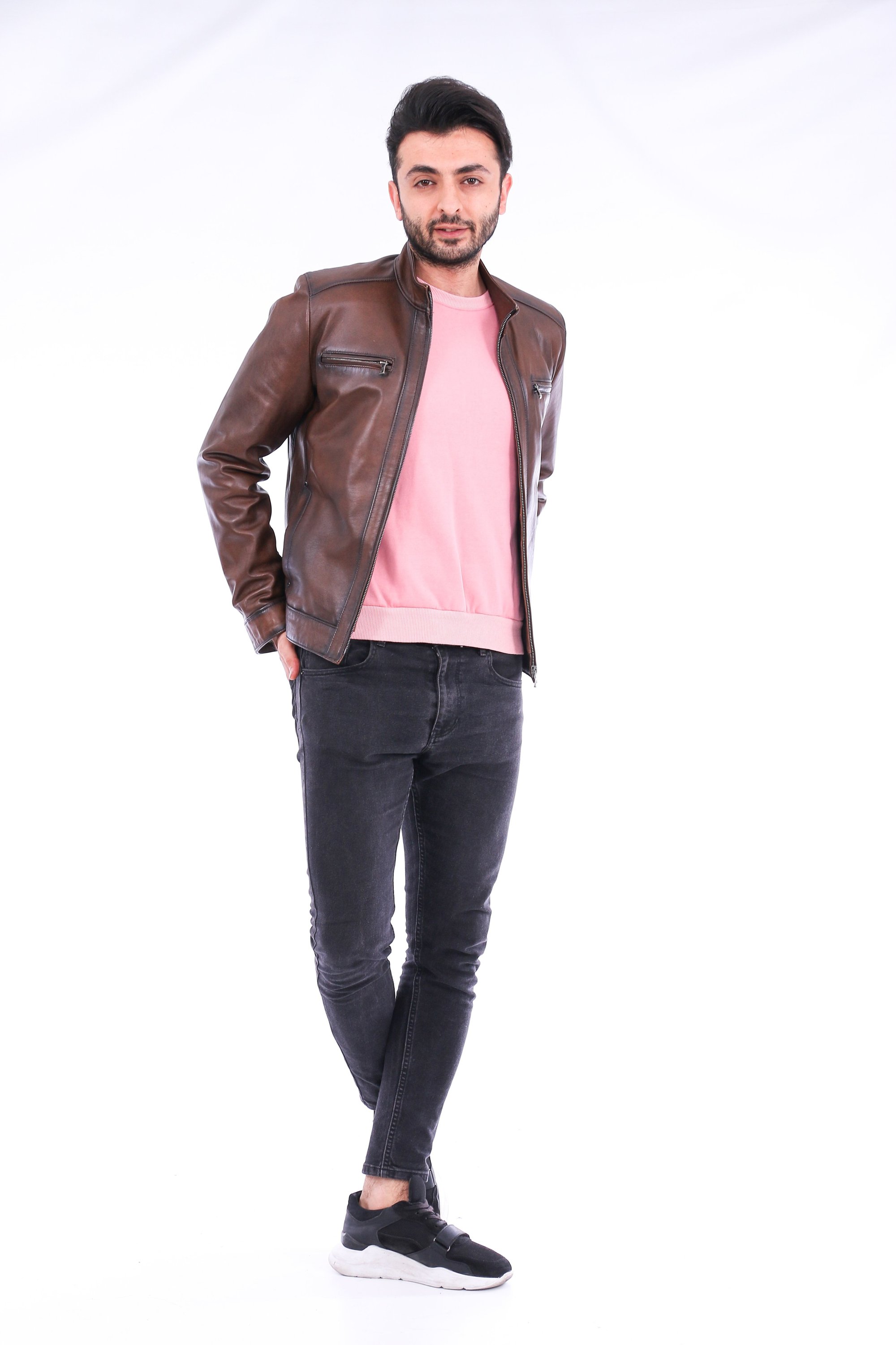 Armati Biker Leather Jacket in brown, featuring a quilted design and polished silver-tone hardware.