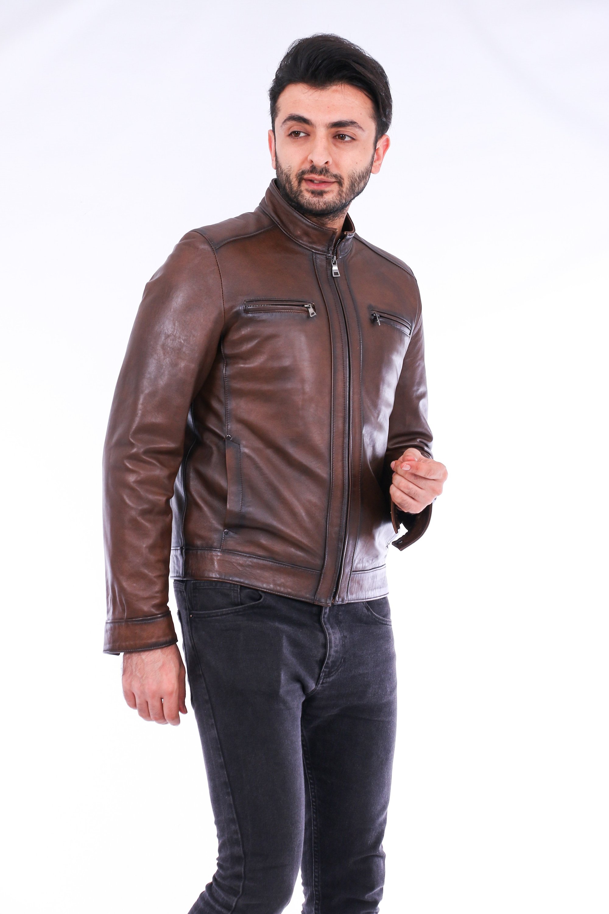 Armati Biker Leather Jacket in brown, featuring a quilted design and polished silver-tone hardware.