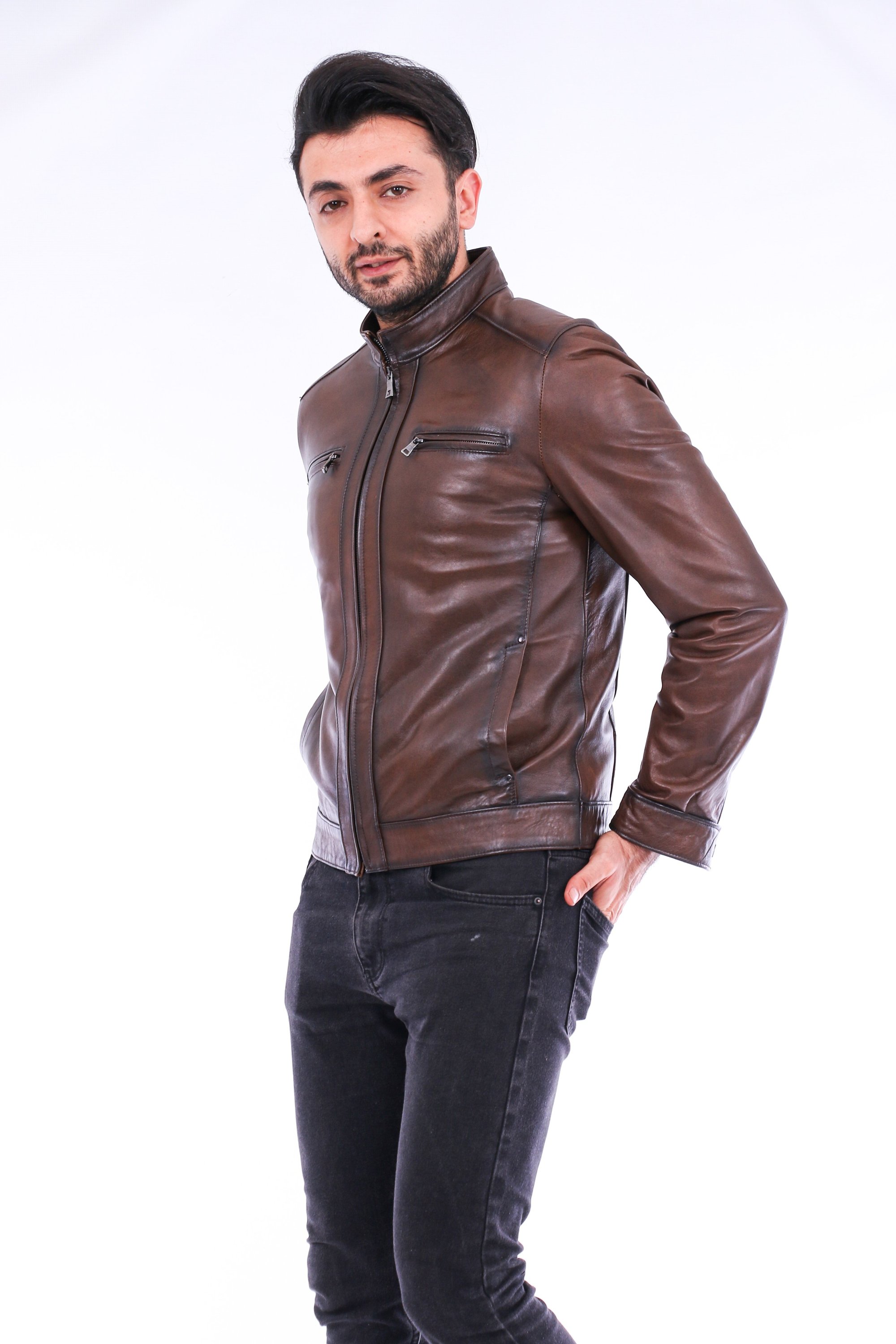 Armati Biker Leather Jacket in brown, featuring a quilted design and polished silver-tone hardware.