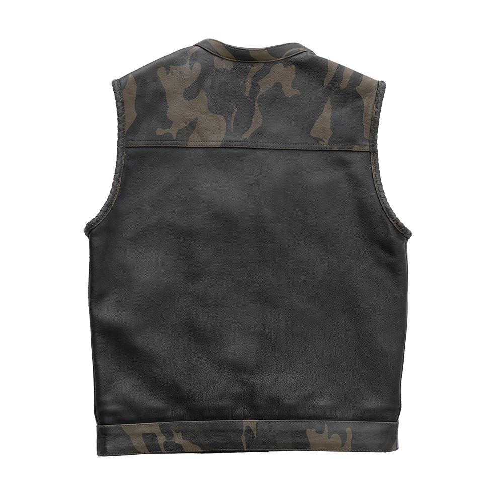 Armory Men's Club Style Leather Vest featuring woodland camo accents and black leather torso, designed for style and functionality.