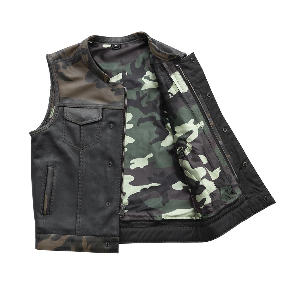 Armory Men's Club Style Leather Vest featuring woodland camo accents and black leather torso, designed for style and functionality.