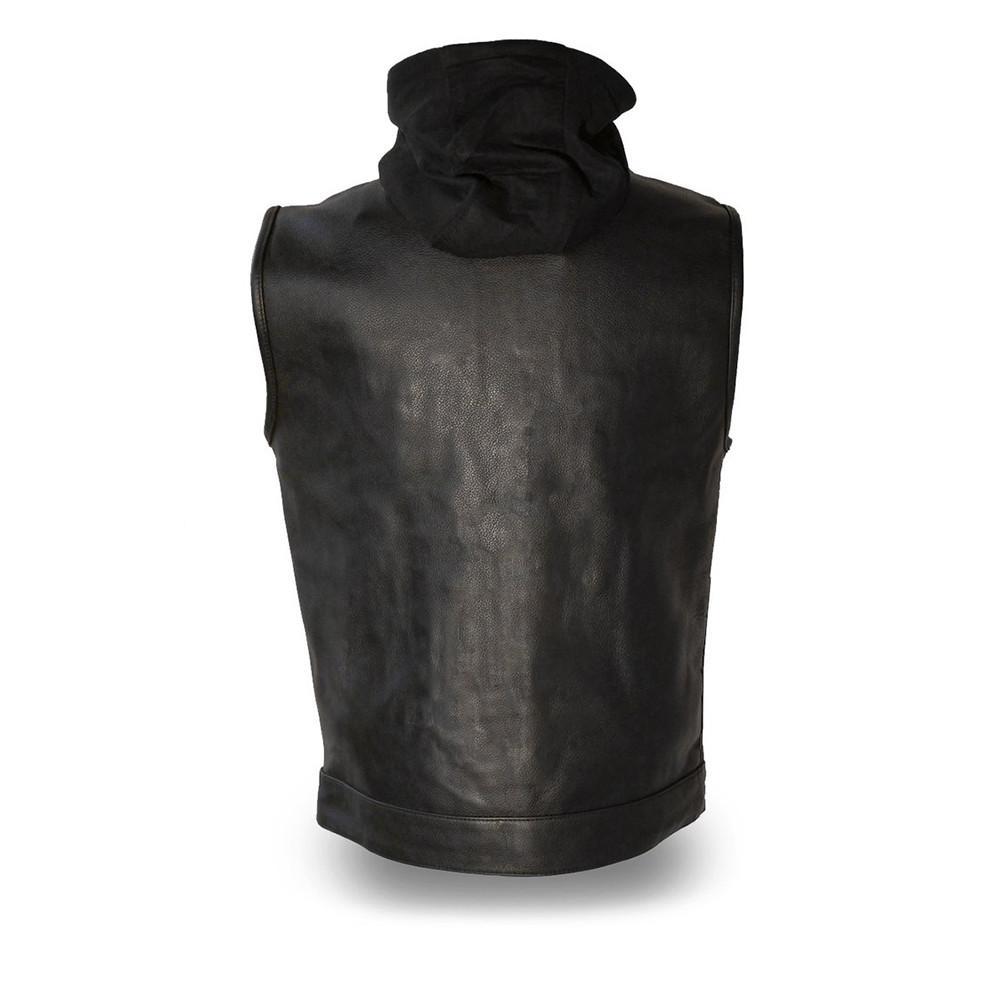 Assassin vest made of soft milled cowhide featuring a banded collar, removable hood, and multiple pockets for functionality.