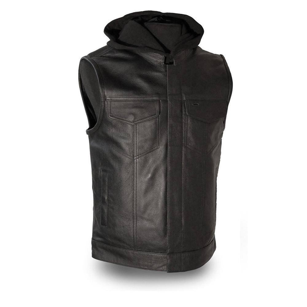 Assassin vest made of soft milled cowhide featuring a banded collar, removable hood, and multiple pockets for functionality.