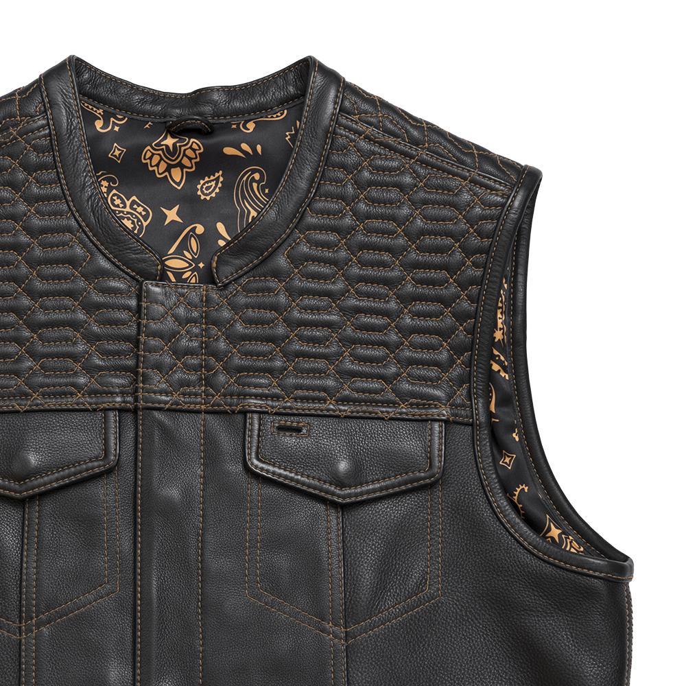 Auction 022 SIZE L men's leather jacket in black with gold paisley inner lining and diamond quilted stitching.