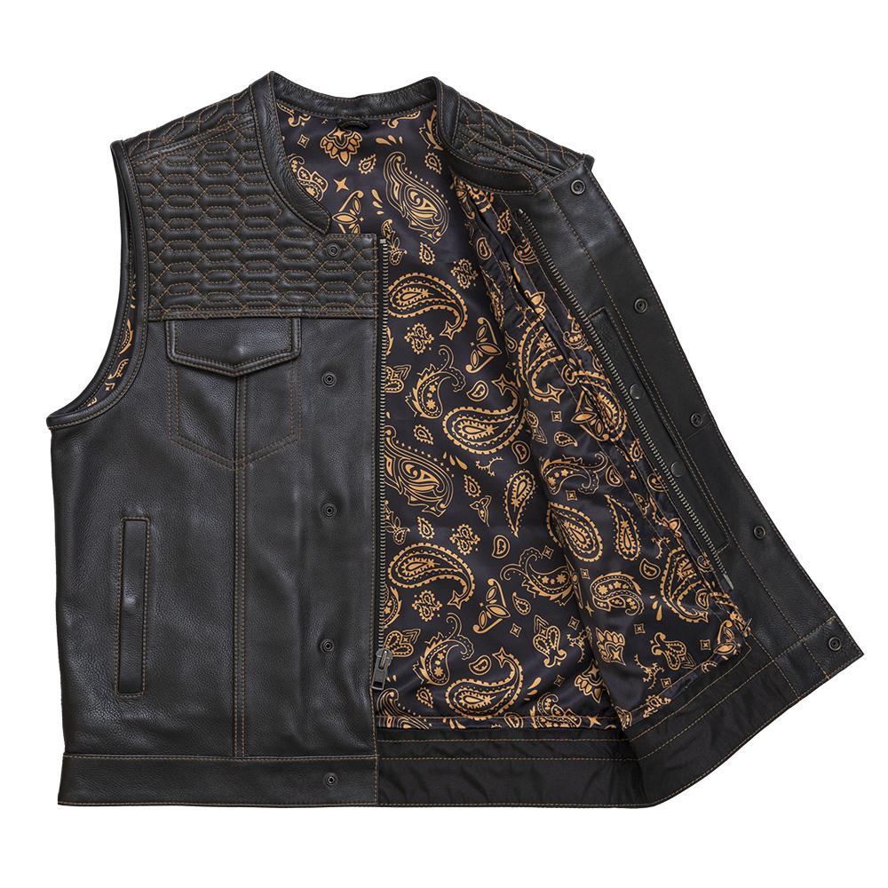 Auction 022 SIZE L men's leather jacket in black with gold paisley inner lining and diamond quilted stitching.