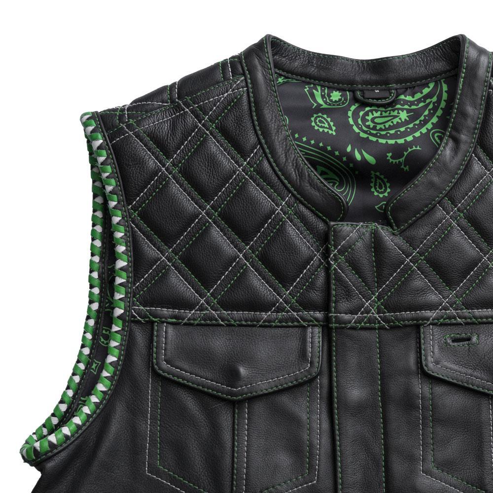 Auction 002 jacket in size S made of Diamond Naked Leather with Kelly Green and White stitching, featuring multiple pockets and a stylish design.