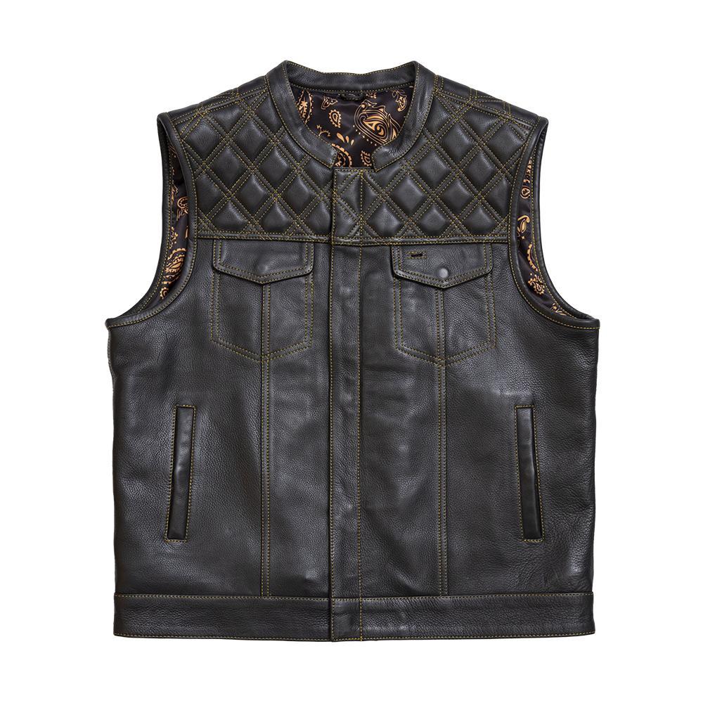 Auction 021 SIZE XL men's leather jacket in black with diamond quilted design and gold paisley inner lining.