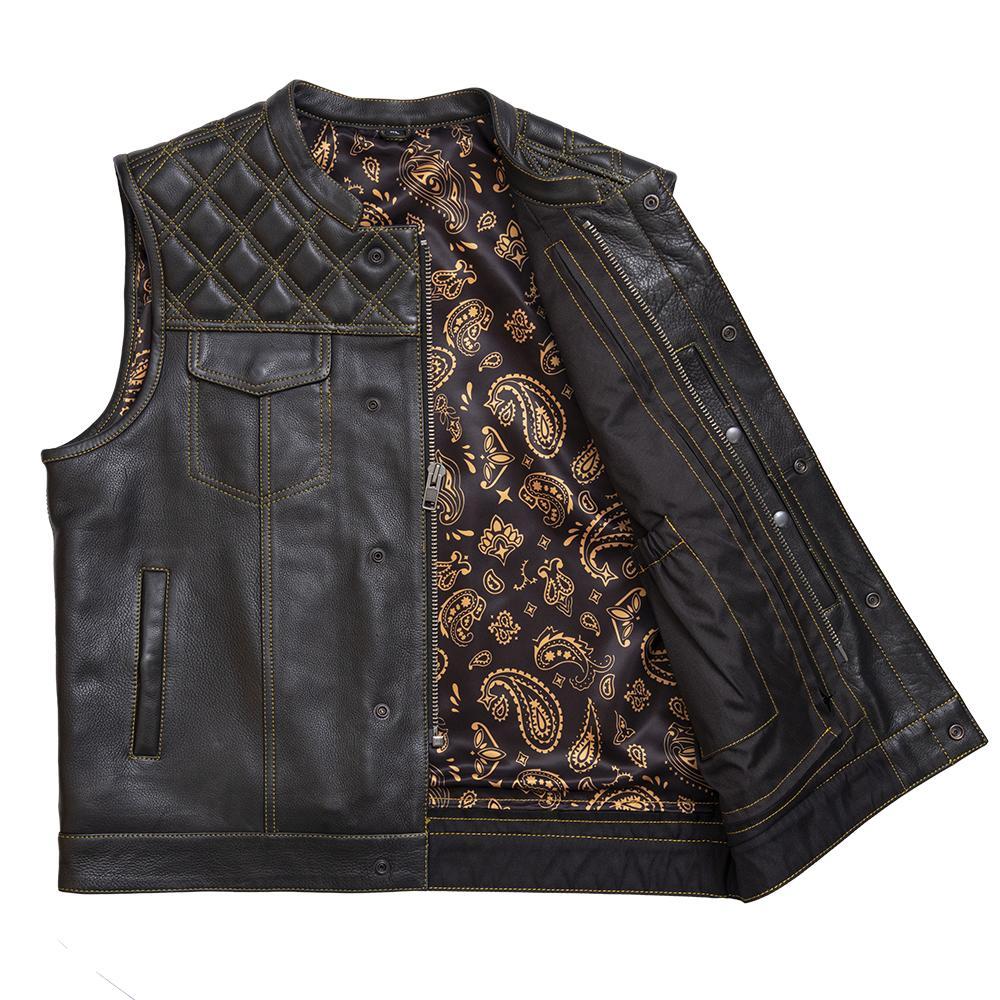 Auction 021 SIZE XL men's leather jacket in black with diamond quilted design and gold paisley inner lining.