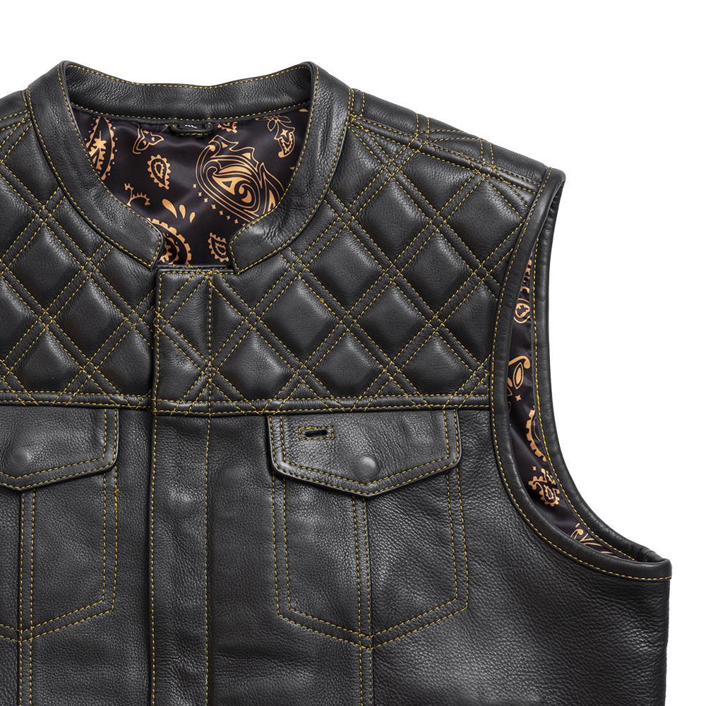 Auction 021 SIZE XL men's leather jacket in black with diamond quilted design and gold paisley inner lining.