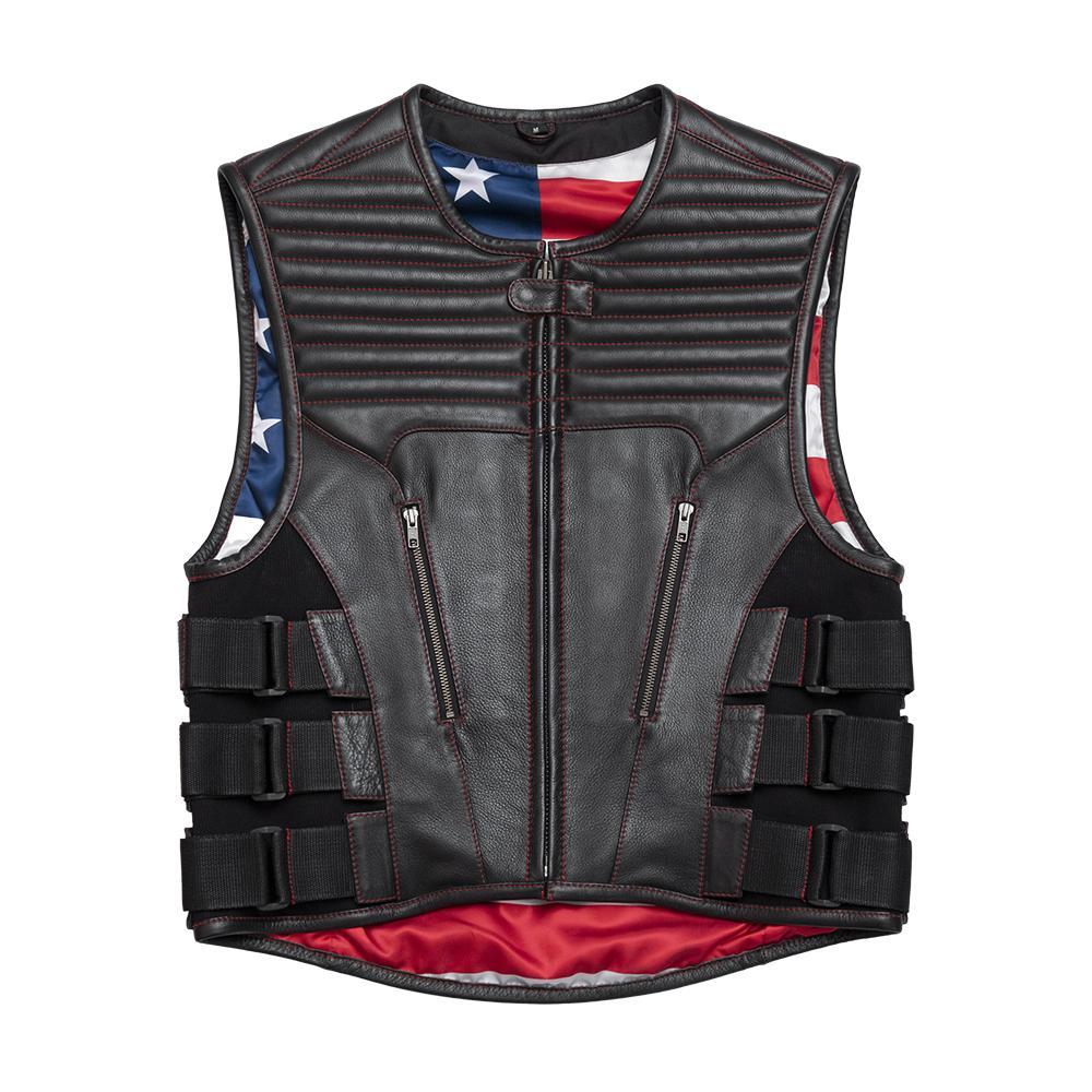 Auction 023 SIZE M men's leather jacket in black with red stitching and American Flag detail.