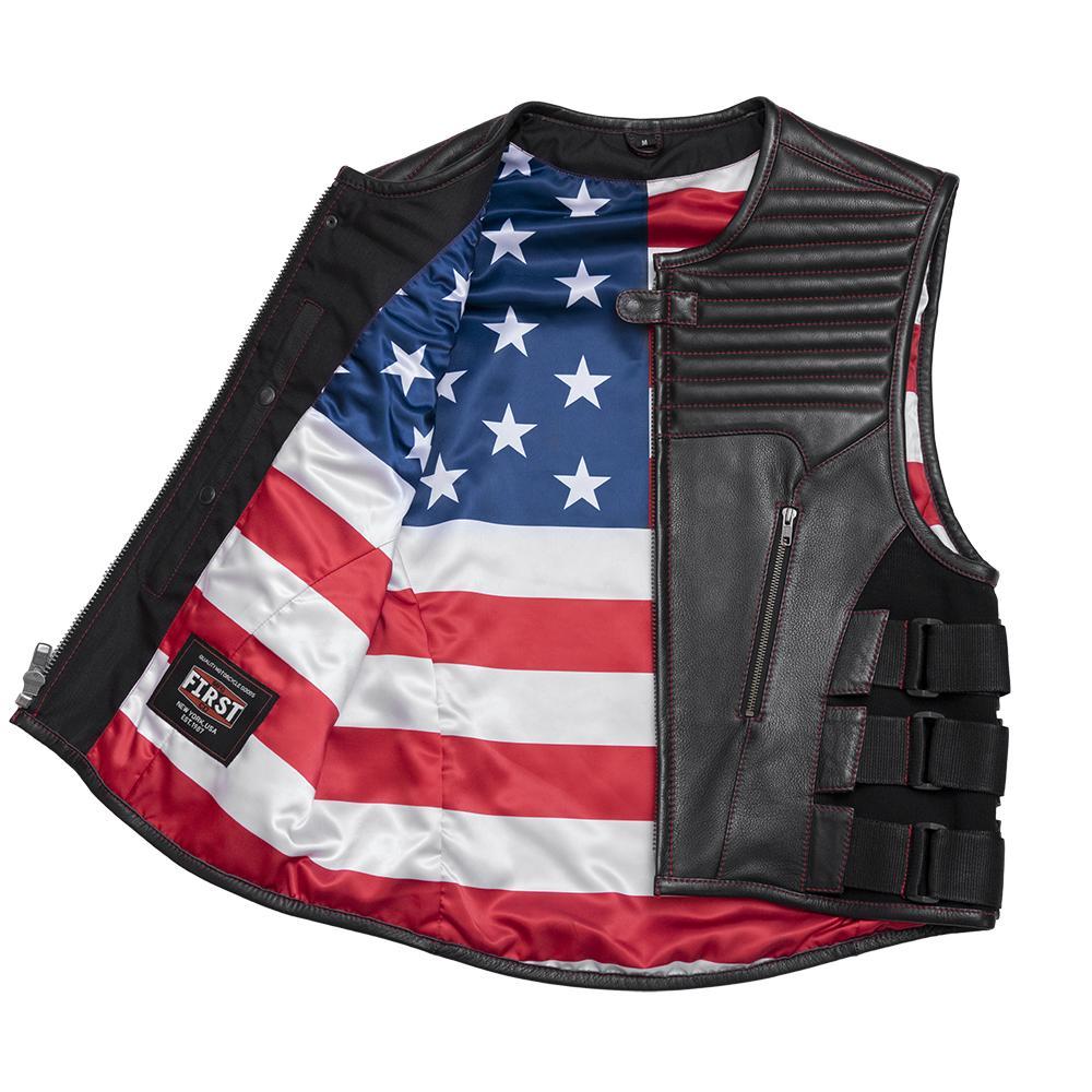 Auction 023 SIZE M men's leather jacket in black with red stitching and American Flag detail.