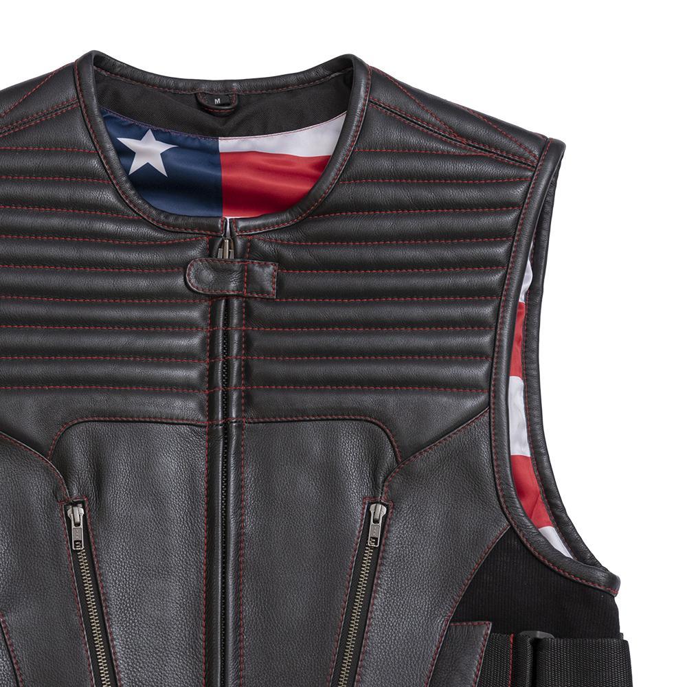 Auction 023 SIZE M men's leather jacket in black with red stitching and American Flag detail.