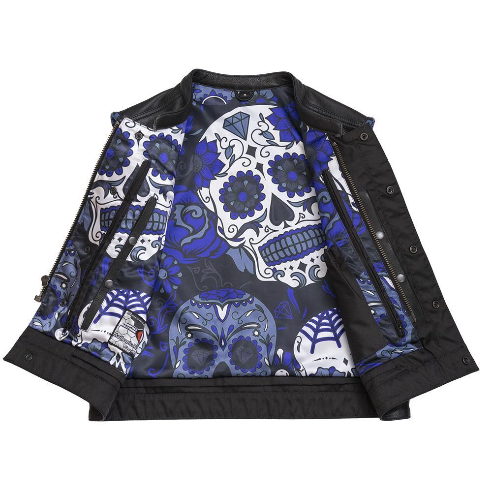 Auction 025 SIZE M men's leather jacket in black with blue stitching and sugar skull lining, featuring concealed carry pockets.