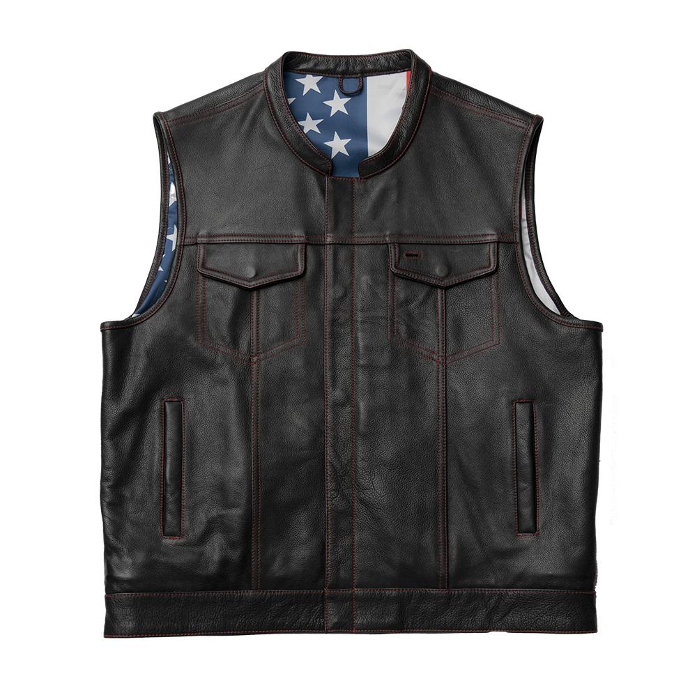 Auction 049 SIZE 2XL leather jacket in black, featuring red stitching and American flag inner lining.