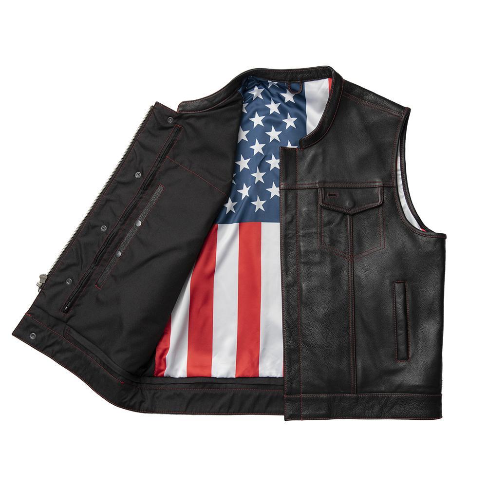 Auction 049 SIZE 2XL leather jacket in black, featuring red stitching and American flag inner lining.