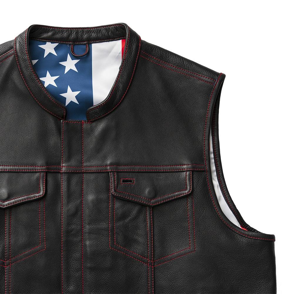 Auction 049 SIZE 2XL leather jacket in black, featuring red stitching and American flag inner lining.