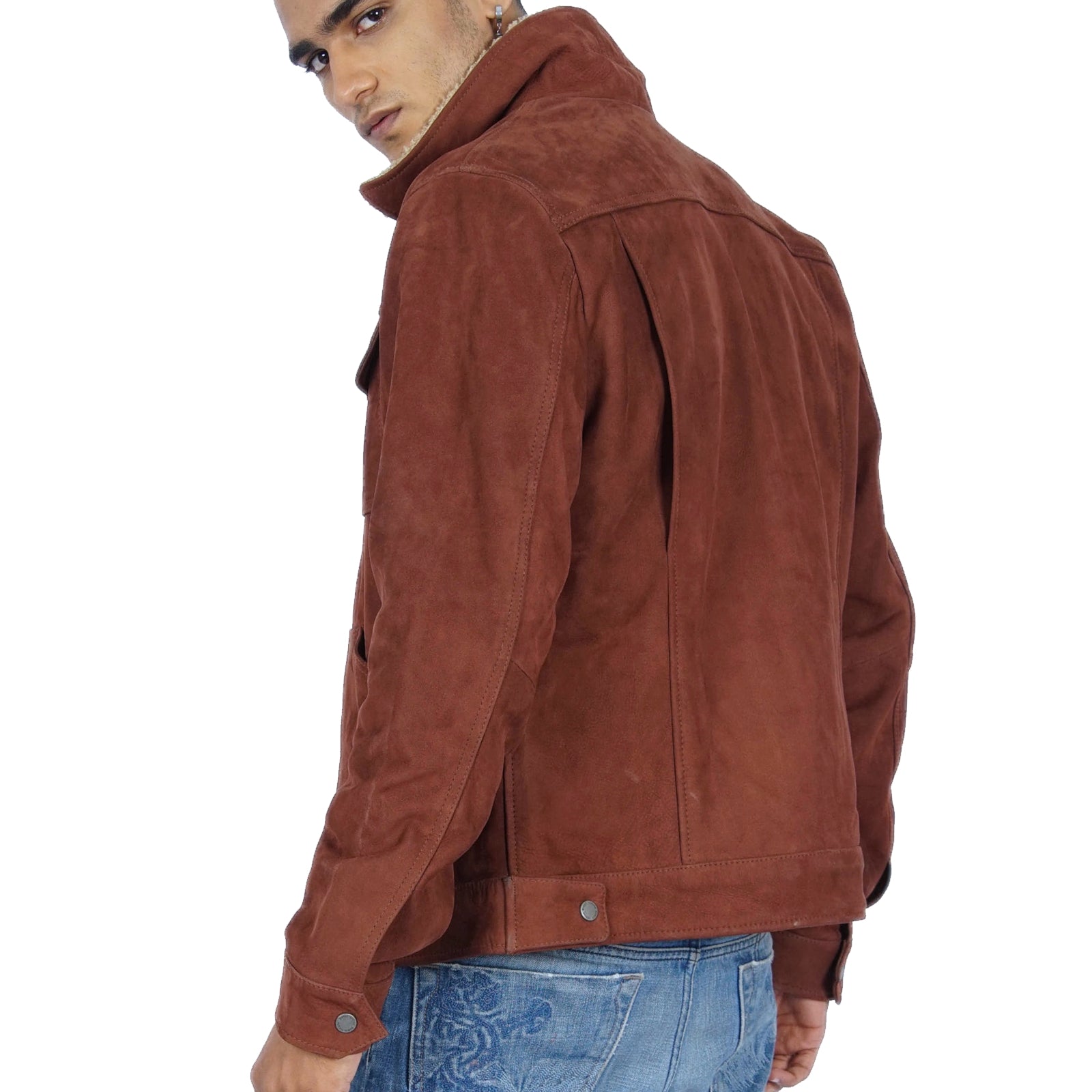 Avedo Vintage Brown Leather Jacket featuring faux sherpa collar and four external pockets, showcasing a classic and stylish design.