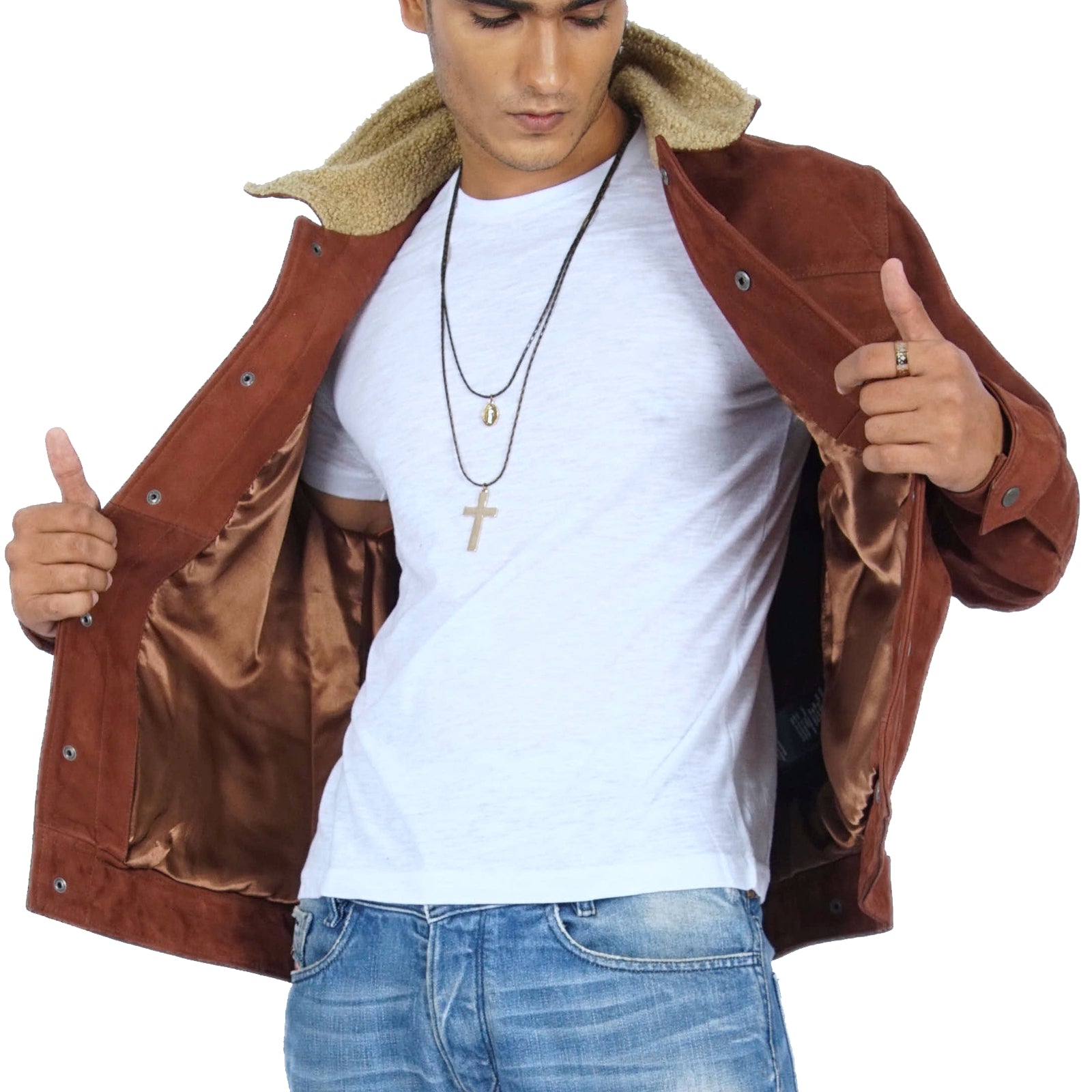 Avedo Vintage Brown Leather Jacket featuring faux sherpa collar and four external pockets, showcasing a classic and stylish design.