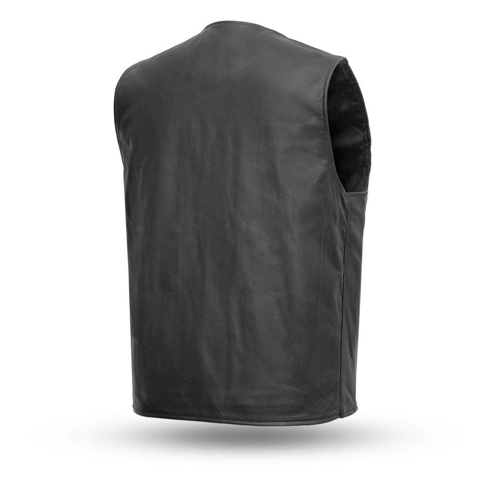 Badlands Men's Motorcycle Leather Vest made from premium cowhide, featuring a V-neck, multiple pockets, and a sleek black design.