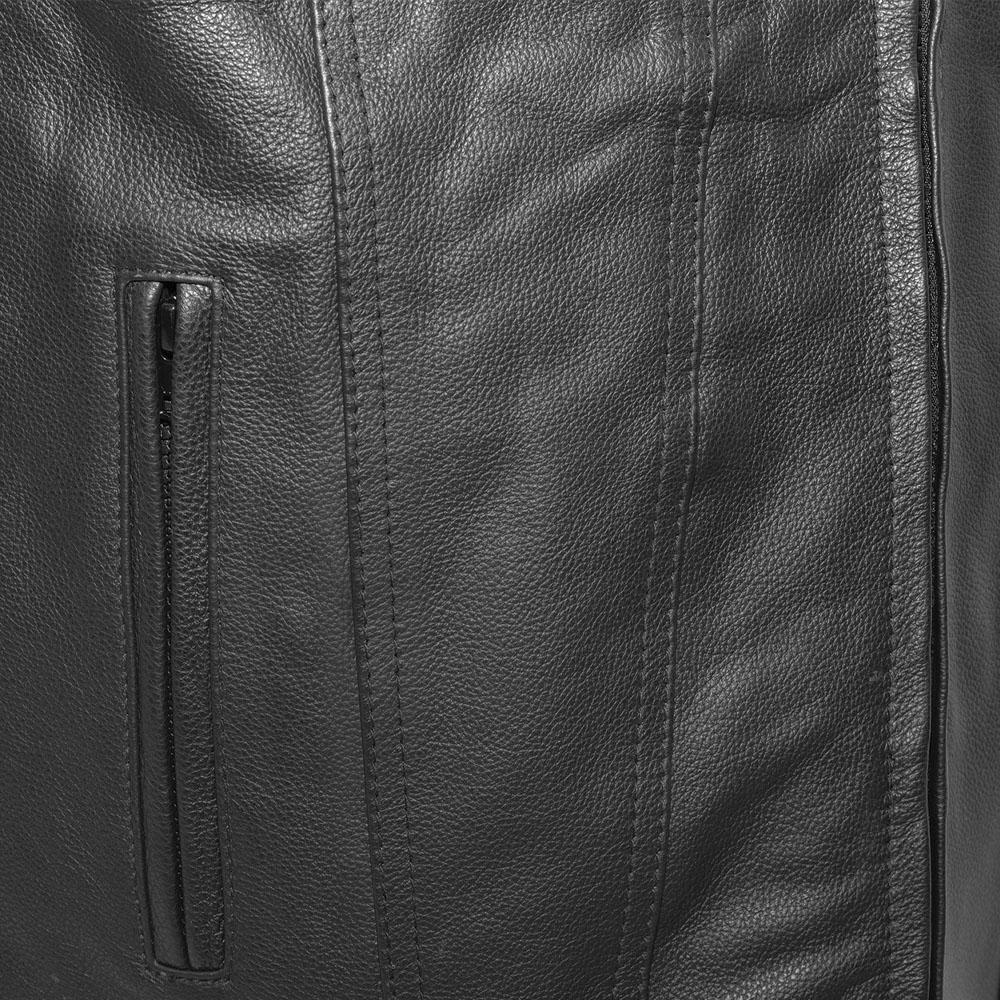 Badlands Men's Motorcycle Leather Vest made from premium cowhide, featuring a V-neck, multiple pockets, and a sleek black design.