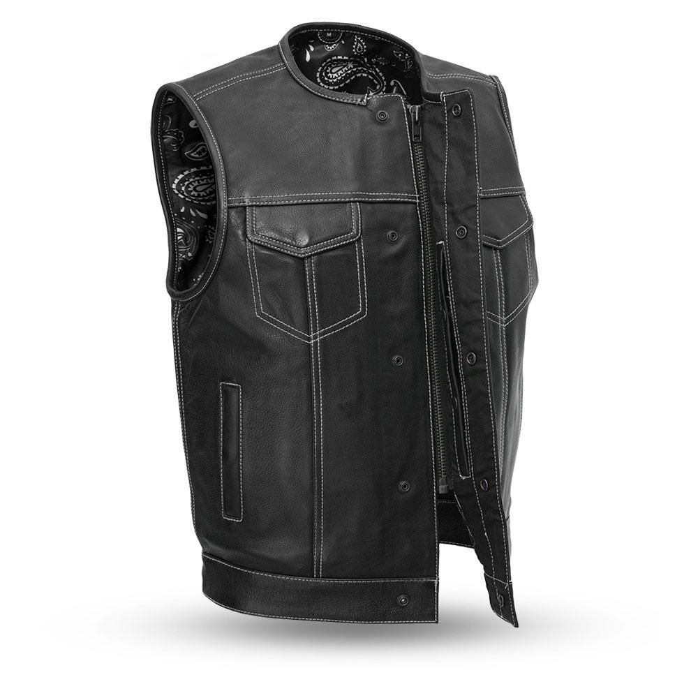 Bandit Men's Leather Club Vest made from premium cowhide, featuring concealed carry pockets and a stylish cropped zipper design.