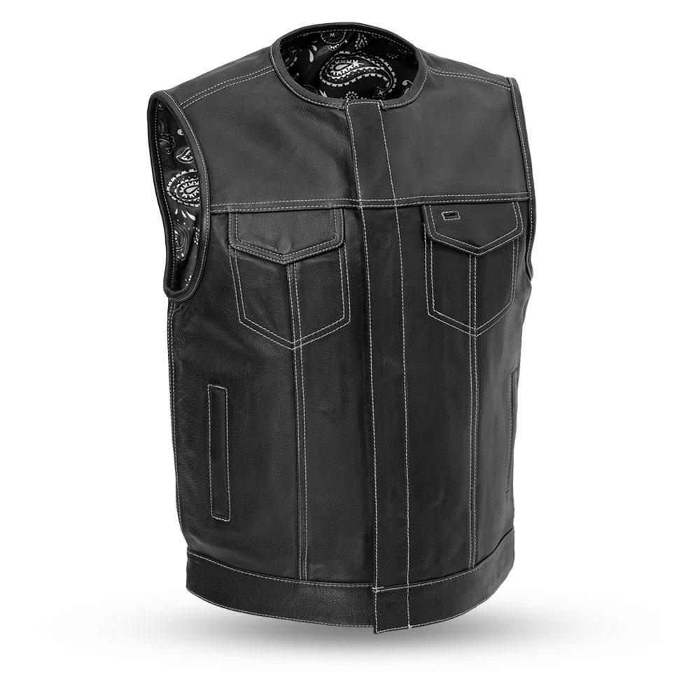 Bandit Men's Leather Club Vest made from premium cowhide, featuring concealed carry pockets and a stylish cropped zipper design.