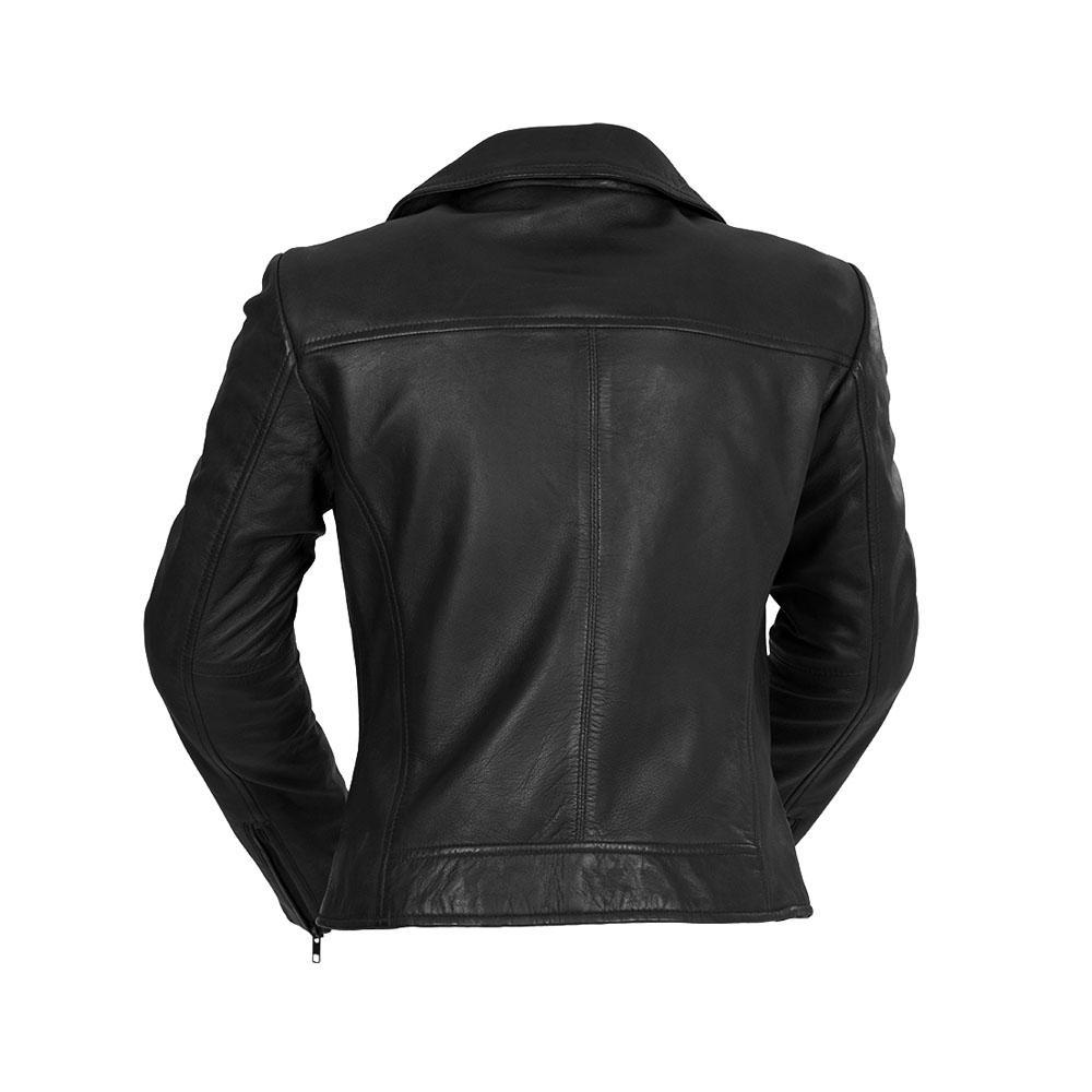 Betsy Black Rocker Jacket made from premium lambskin leather, featuring zip sleeves and multiple pockets.